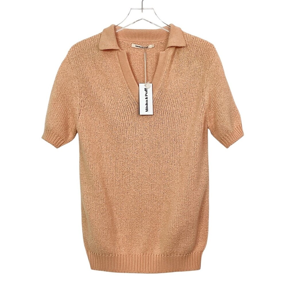 Misha & Puff Boucle Monday Polo Pale Peach NWT Size S Cotton Knit Collared Top